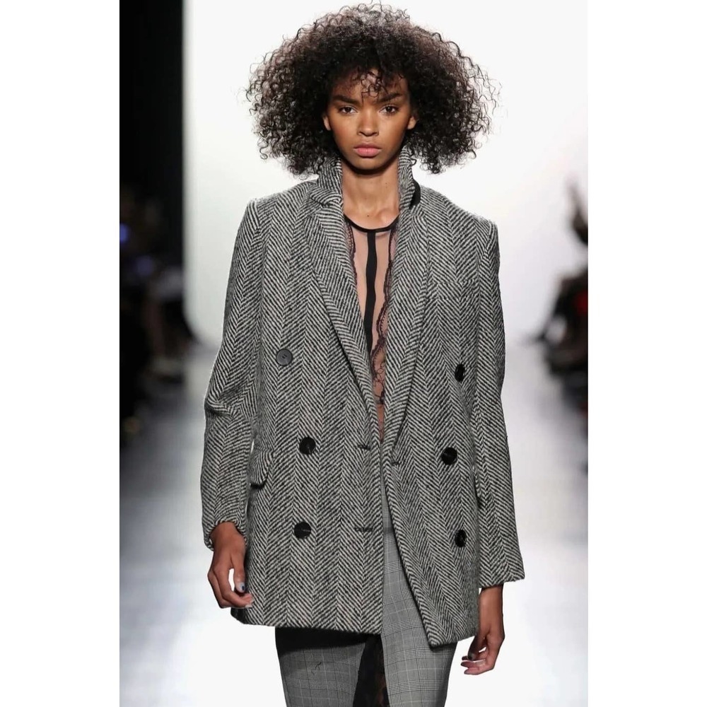 MNG MANGO Wool Double Breasted Black Herringbone Coat L